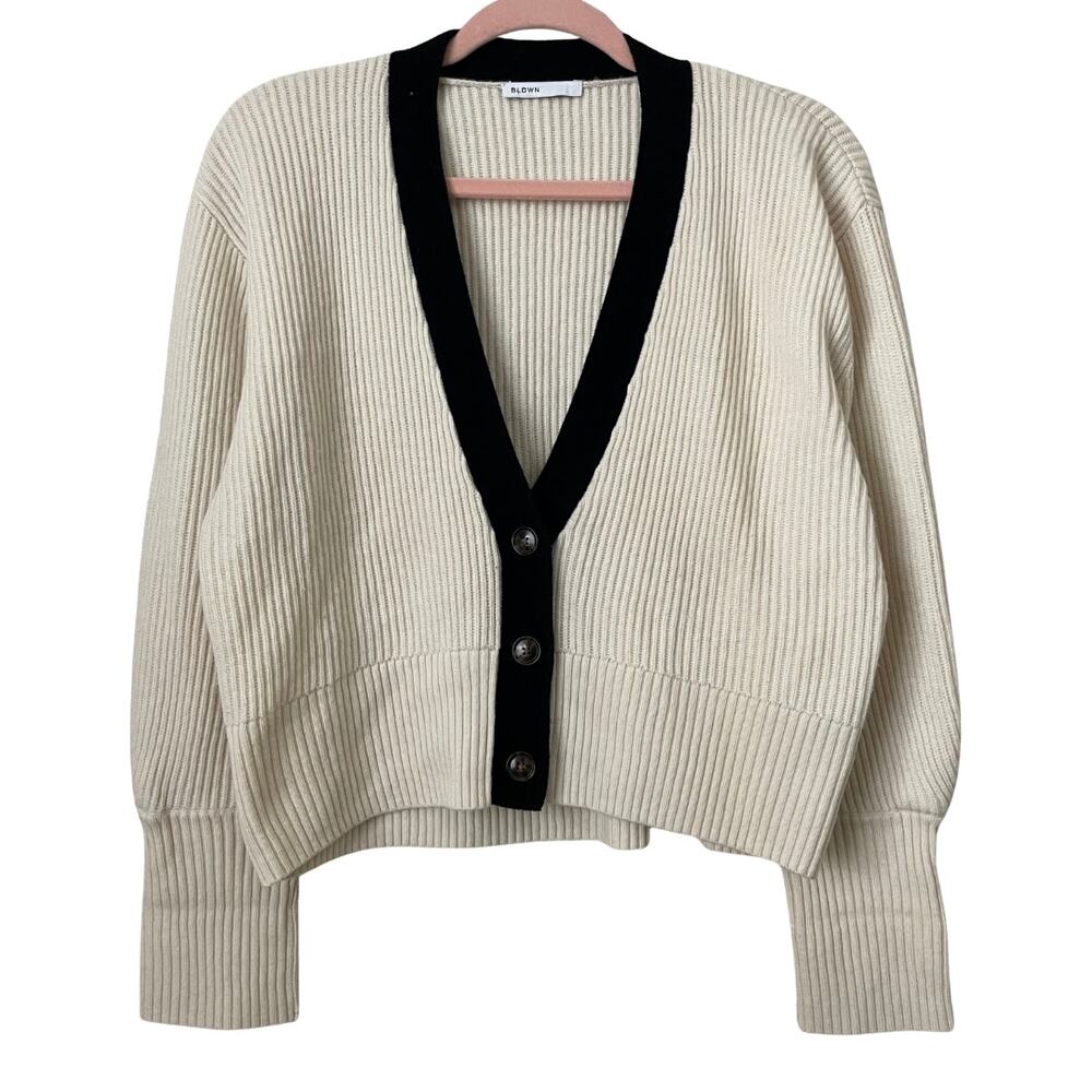 BLDWN Cardigan Women Small Cream Black Sparrow Cashmere Wool Ribbed Knit Sweater